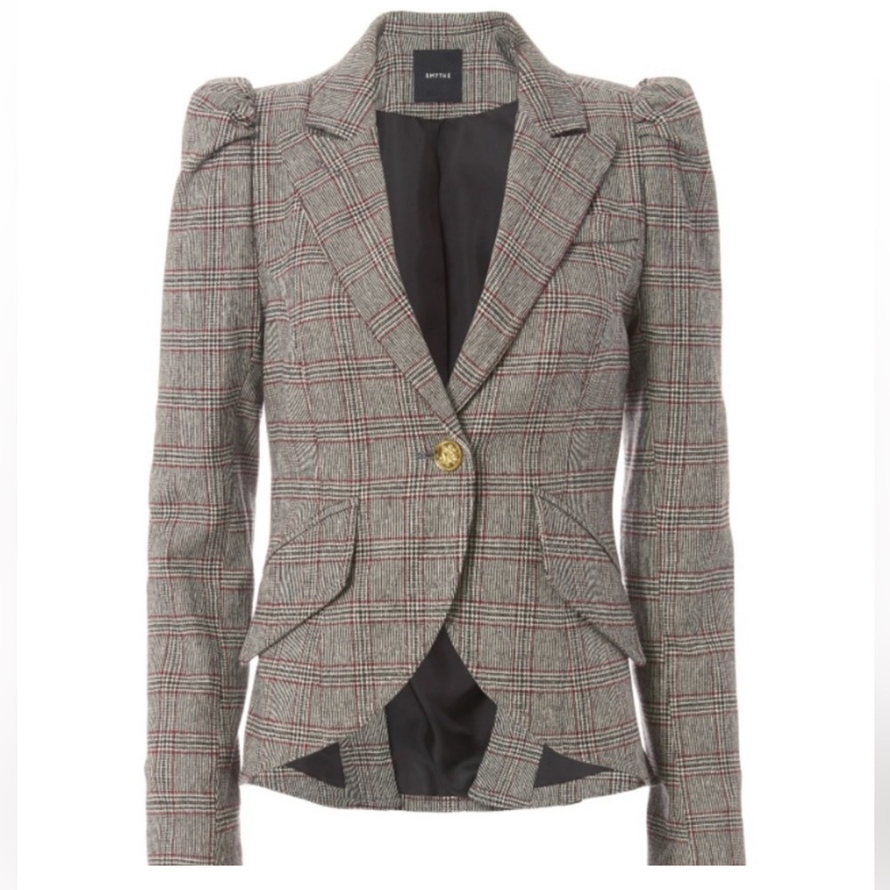 SMYTHE Glen Plaid Check Blazer Jacket Leather Elbow Size 8